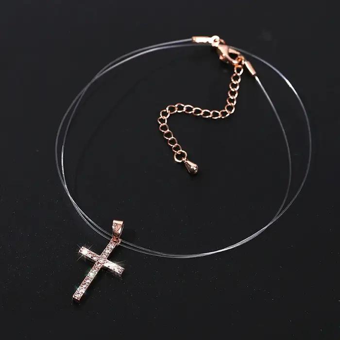 Collier pendentif croix classique Simple Invisible Transparent ligne de pêche pour femmes mode Zircon