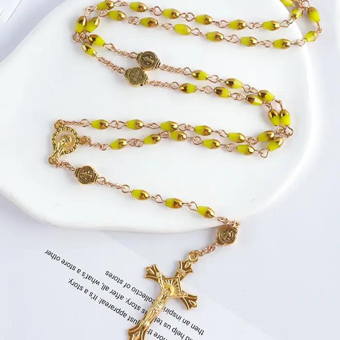 2025New1 pièce décontracté multicolore religion 59 pièces cristal verre chapelet bijoux vierge marie jésus croix pendentif longue chaîne collier