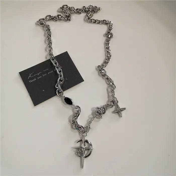 Punk Rock noir coeur croix pendentif chaîne collier pour hommes femmes Cool Hip Hop rue Vintage années 90 Y2K Grunge Goth accessoires