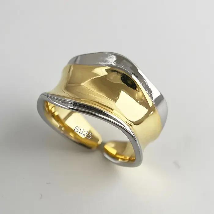 Bagues en argent Sterling 925 pour femmes et hommes, anneau ouvert large en couches d'or, cadeau de