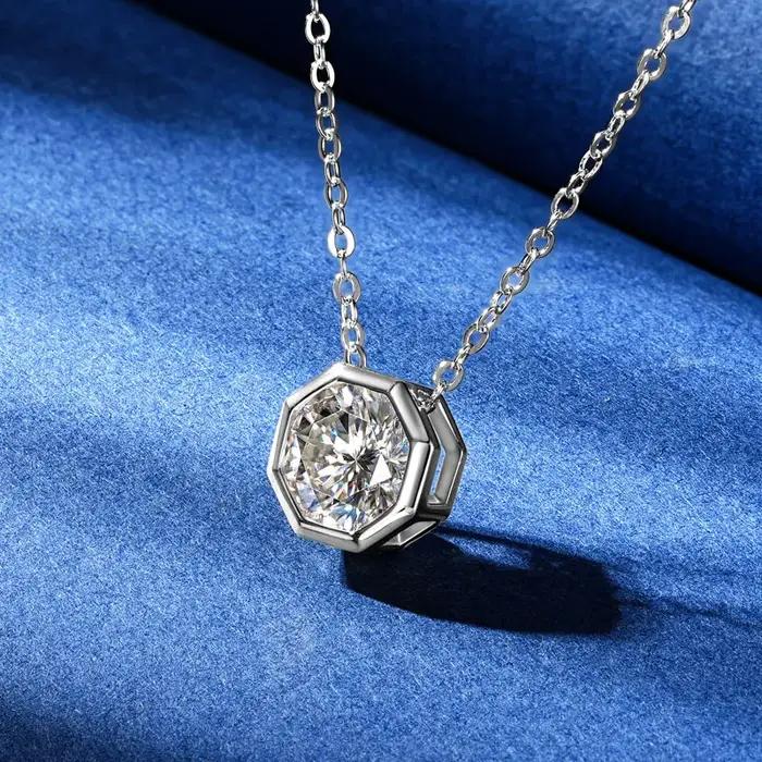 Classique 1ct 2ct D Moissanite Solitaire pendentif collier 925 argent Polygo chaîne réglable pour les femmes avec certificat bijoux