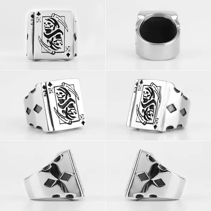 Grim Reaper Poker King Skull Bagues en acier inoxydable pour hommes, Gothique, Punk, Bijoux de motard, Cadeau créatif, Vente en gros, Homme, Petit ami