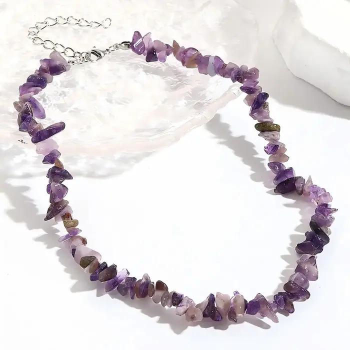 Collier en améthyste, perles de cristal naturel, acier inoxydable, couleur argent, collier ras du co