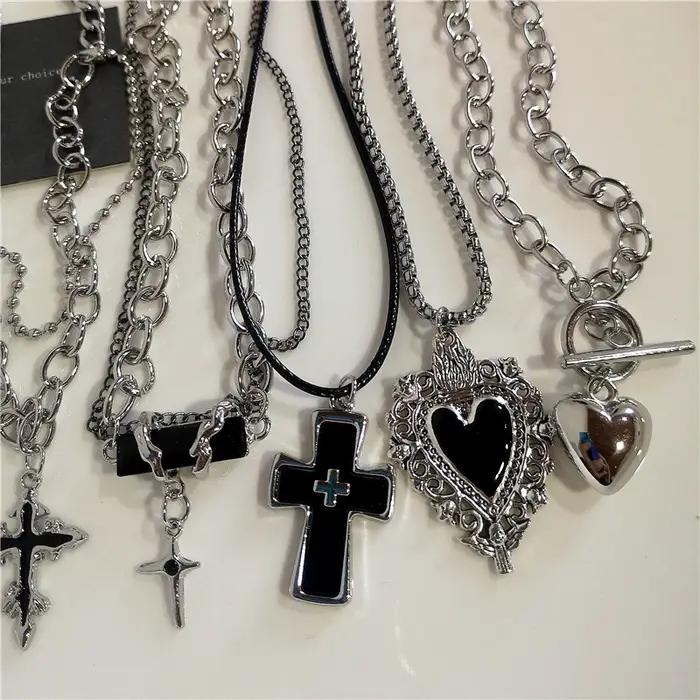 Punk Rock noir coeur croix pendentif chaîne collier pour hommes femmes Cool Hip Hop rue Vintage années 90 Y2K Grunge Goth accessoires