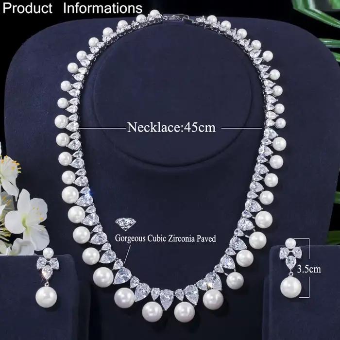Ensemble de bijoux de luxe avec perle simulée et zircons cubiques pour femmes occasions spéciales