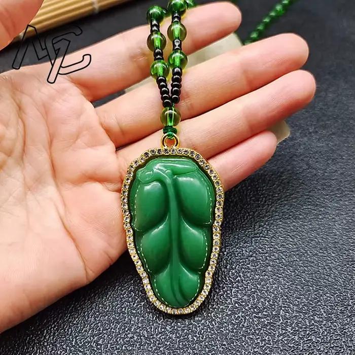 Véritable Agate verte naturelle incrustée de renard Guanyin poisson rouge pendentif collier sculpté charme jadéite bijoux mode amulette cadeau hommes femmes