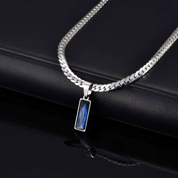 Collier pendentif géométrique bleu mer pour hommes et garçons, colliers plats en chaîne cubaine avec lame en acier inoxydable, cadeau de bijoux Cool Hip Hop