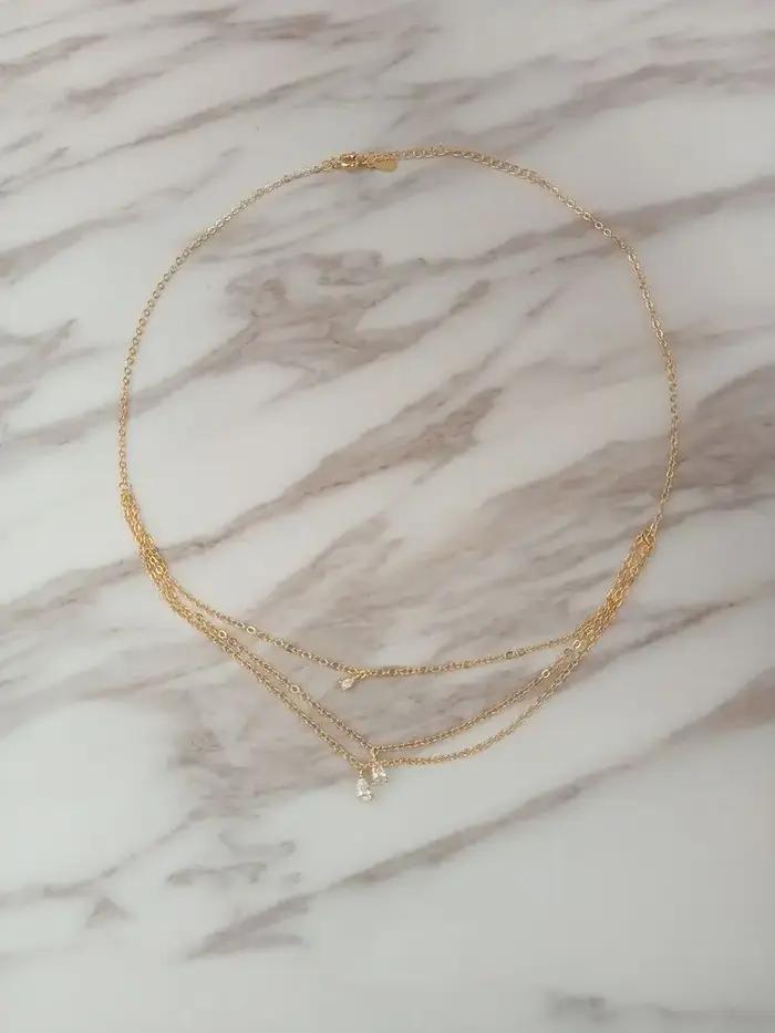 Collier goutte d'eau dorée à trois couches en argent Sterling 925 pour femmes romantique mariage occasions spéciales zirconium blanc elegant à offrir