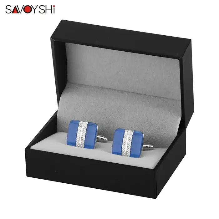 SAVOYSHI-lèvent de manchette de luxe en opale bleue pour hommes, boutons de manchette en pierre trempée, logo personnalisé, cadeau spécial, bijoux de marque, haute qualité