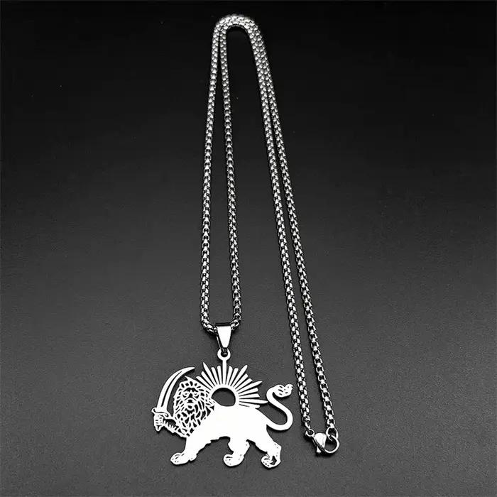 Collier Shamshir Lion de Perse en acier inoxydable pour homme et femme avec pendentif épée islamique iranienne pour occasions spéciales et cadeaux