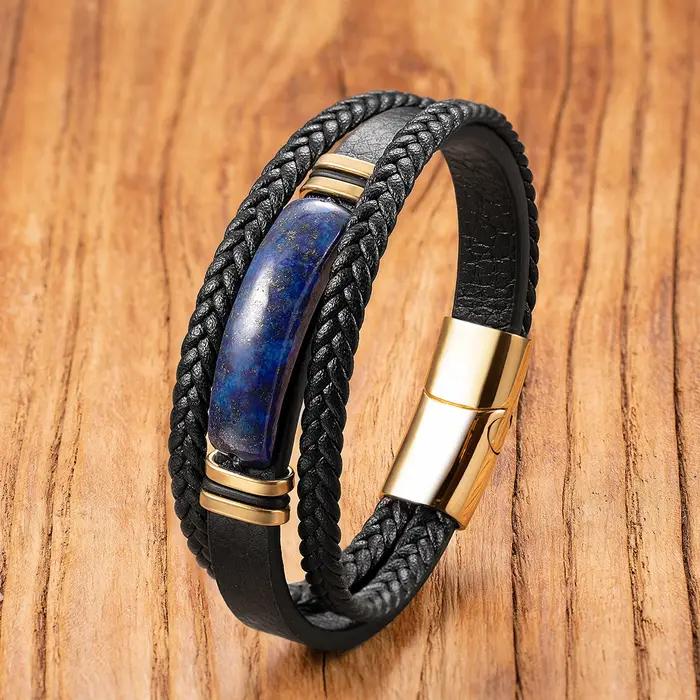Nouveau Bracelet en pierre Lapis Lazuli naturelle pour Homme, corde en cuir noir, cadeau de haute qu