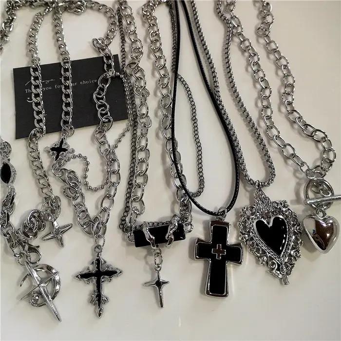 Punk Rock noir coeur croix pendentif chaîne collier pour hommes femmes Cool Hip Hop rue Vintage années 90 Y2K Grunge Goth accessoires