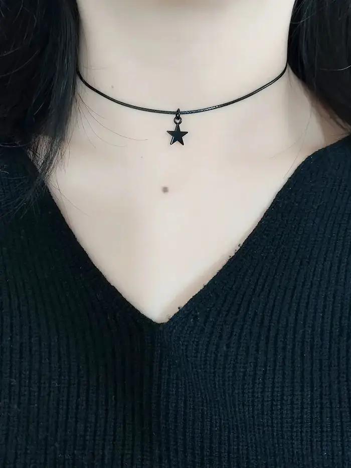 Collier ras du cou avec pendentif étoile à cinq branches noire, élégant et simple, doux et mignon, a