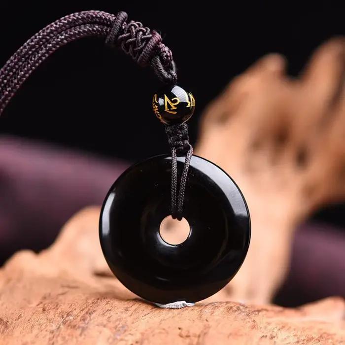 Collier pendentif rond en obsidienne pour la Protection, pierre porte-bonheur noire naturelle, amule