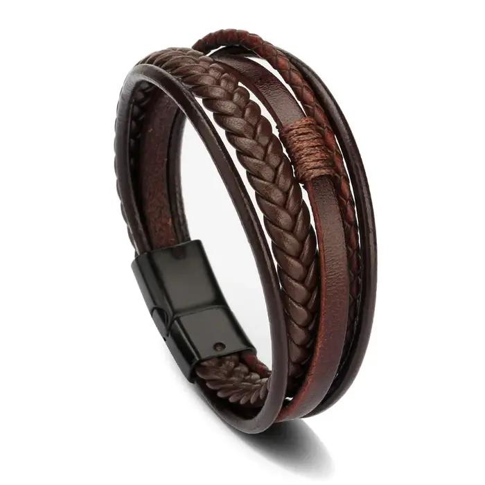Bracelet en cuir tendance homme avec corde tressée multicouche acier inoxydable style vendange à offrir pour occasions spéciales