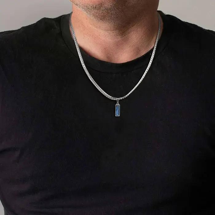 Collier pendentif géométrique bleu mer pour hommes et garçons, colliers plats en chaîne cubaine avec lame en acier inoxydable, cadeau de bijoux Cool Hip Hop