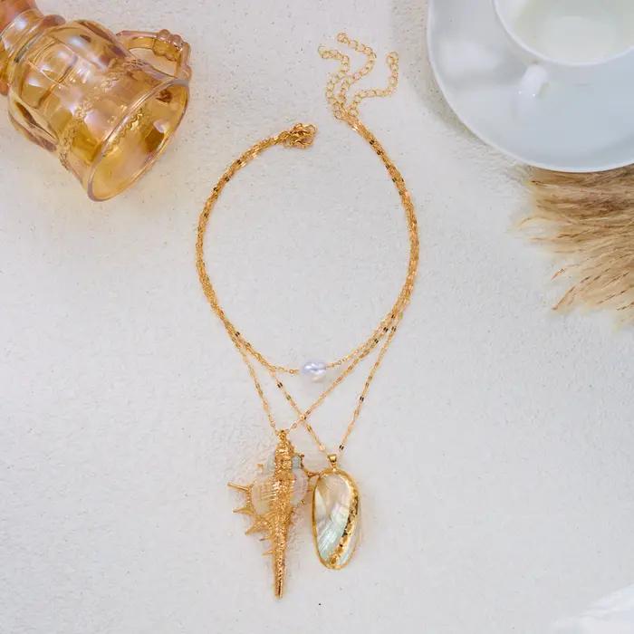 Collier Statement à 3 couches avec breloque en imitation perle coquillage conque pour femme