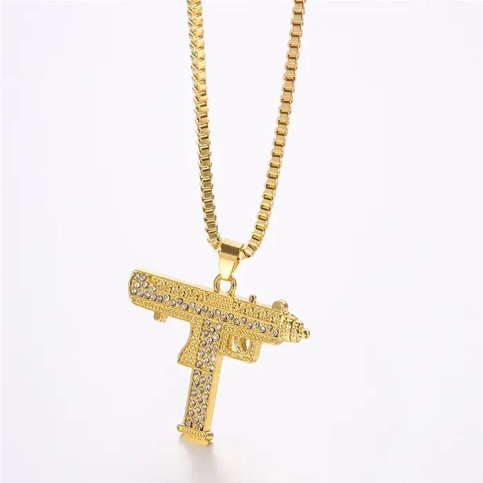 Collier pendentif pistolet Uzi scintillant en cristal pour hommes bijou masculin hip hop style classique en alliage de zinc pour occasions spéciales