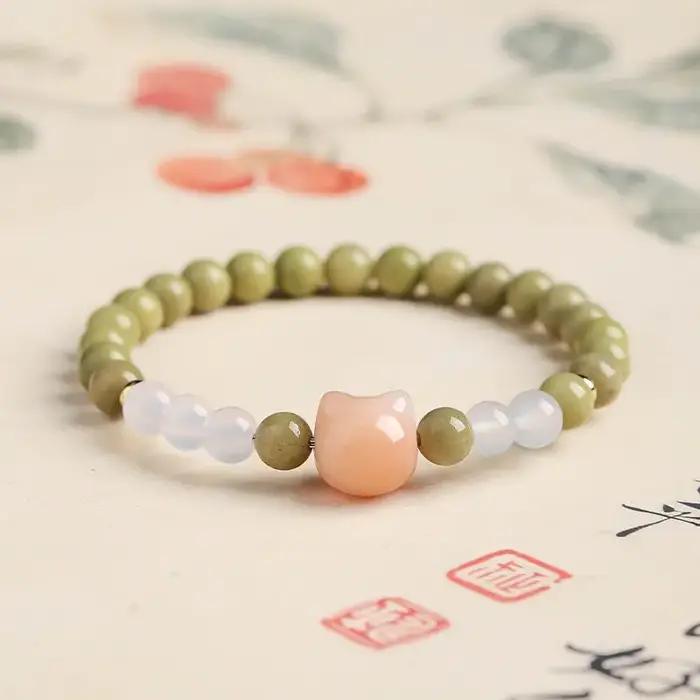 Bracelet porte-bonheur en bois de santal vert naturel et agate d'Alashan