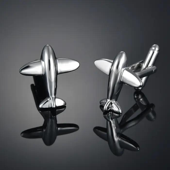 Boutons de manchette de pilote couleur argent, avion en forme d'avion, manchettes de chemise de capi