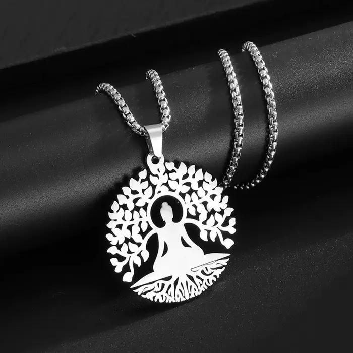 Collier pendentif bouddha Bodhi arbre de méditation pour femmes et hommes, accessoires de bijoux bouddhistes en acier inoxydable