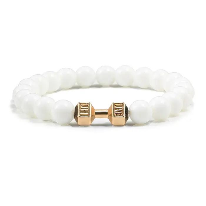 Bracelet en pierre volcanique naturelle pour hommes et femmes, noir mat, perles blanches, breloque, haltère, bijoux de Fitness