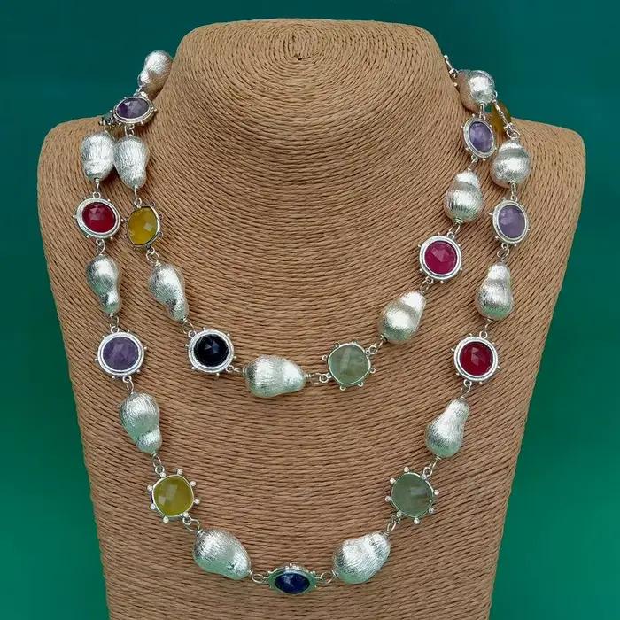 YYGEM – collier long multicolore en pierres précieuses, 16mm, améthyste, fluorite, quartz, perles brossées, bijoux de créateur