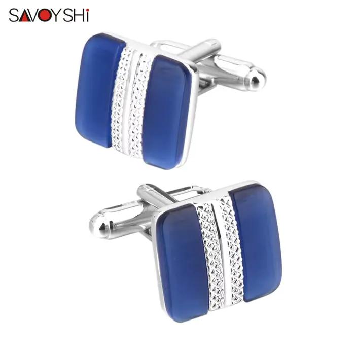 SAVOYSHI-lèvent de manchette de luxe en opale bleue pour hommes, boutons de manchette en pierre trempée, logo personnalisé, cadeau spécial, bijoux de marque, haute qualité