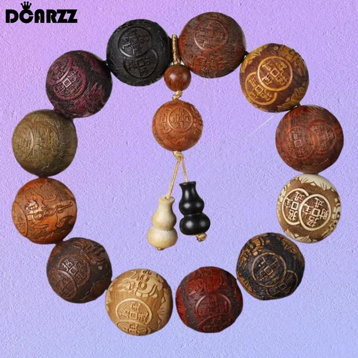 DCARZZ Bracelet de perles sculptées en bois fait à la main avec pendentif en forme de gourde pour hommes femmes bijoux cadeau