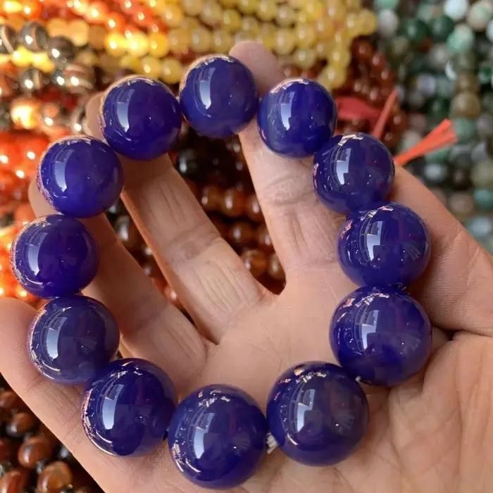 Bracelet de perles rondes en agate bleue de mer naturelle
