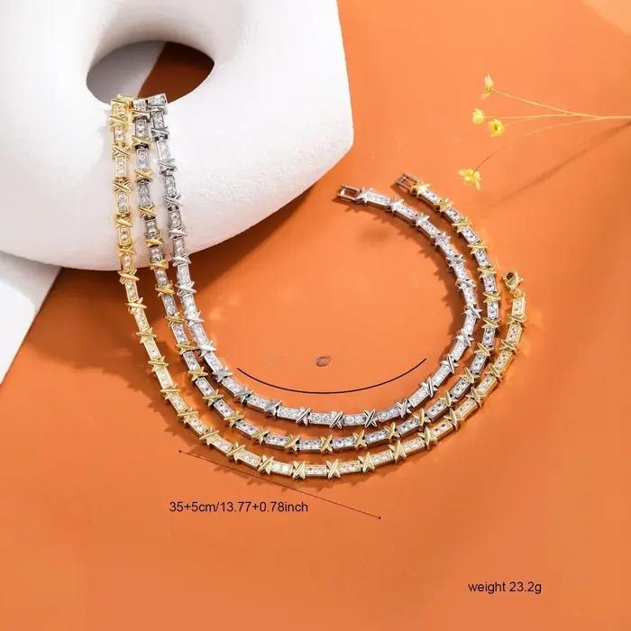 Collier en zirconium bicolore en forme de T avec lettre X pour femme, élégant et polyvalent pour diverses occasions et cadeaux d'exception