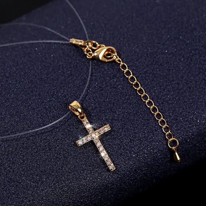 Collier pendentif croix classique Simple Invisible Transparent ligne de pêche pour femmes mode Zircon
