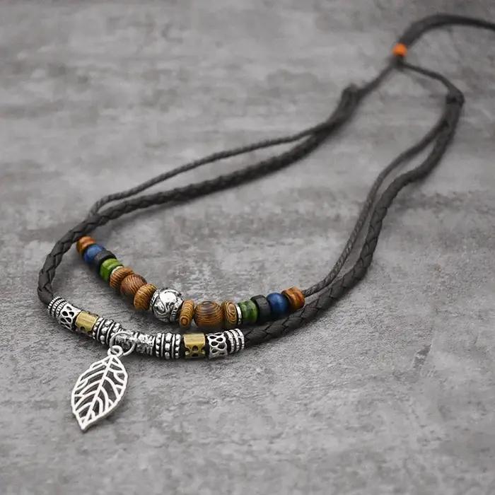 Collier de ULen cuir à 2 couches pour hommes, mode vintage, rétro, créatif, fleur, pendentif en couc