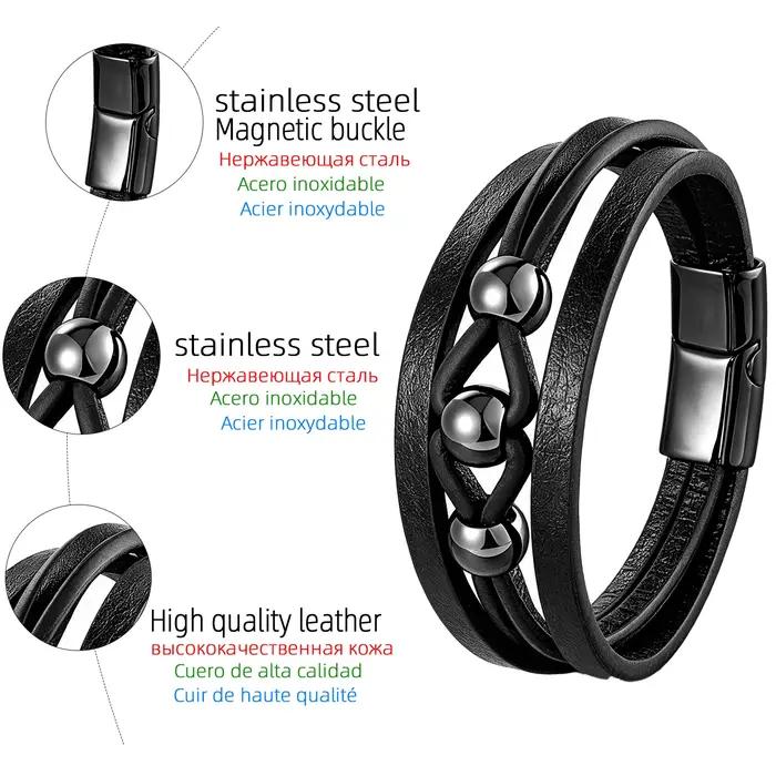 Bracelet en cuir pour homme – Cuir tressé noir multi-couches
