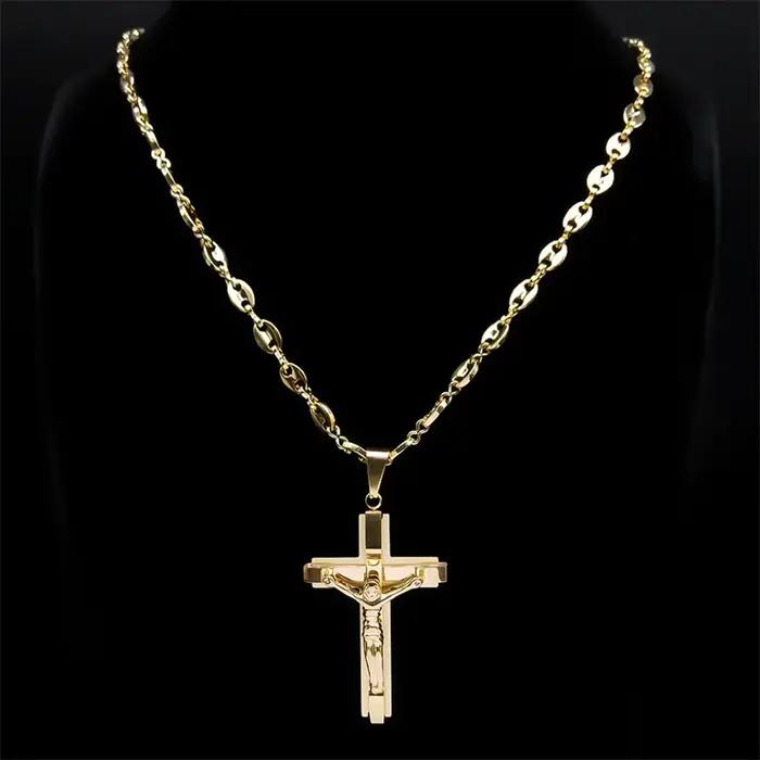Collier crucifix de Jésus pour hommes en acier inoxydable couleur or chaîne de grains de café bijou croix chrétienne pour occasions spéciales