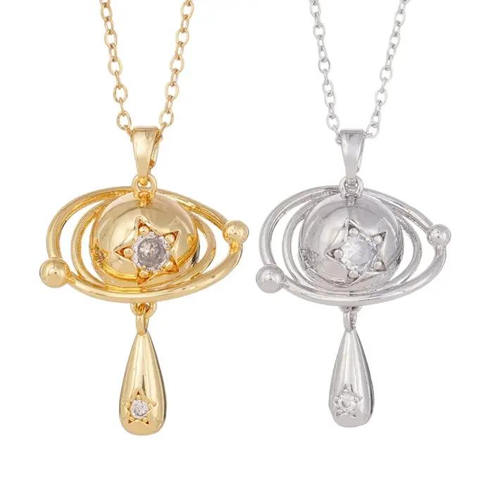 Collier Planète Saturne Accessoires Mode Strass Brillants Bijoux Breloques Occasions Spéciales