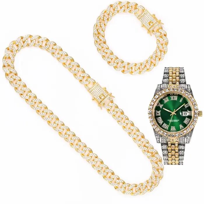 Collier + montre + Bracelet Hip Hop Miami gourmette chaîne cubaine or glacé pavé strass CZ Bling rappeur pour hommes bijoux 20 pouces