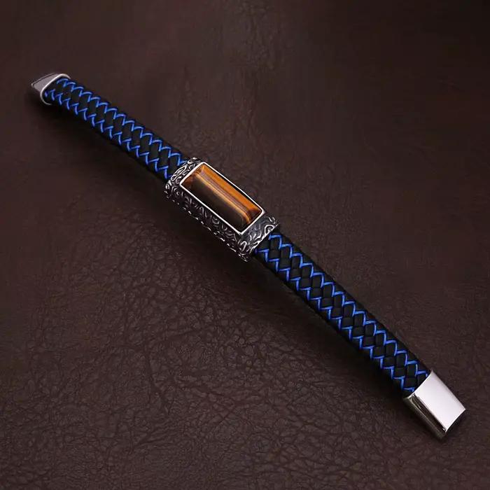 Bracelet en pierre marron œil de tigre vintage pour hommes, bracelets de gravure en cuir punk en acier inoxydable, bijoux amulette à la mode, vente en gros