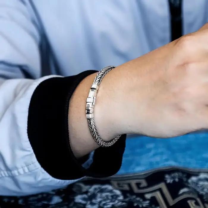 Bracelet en argent sterling S925 rétro tressé à la main pour homme