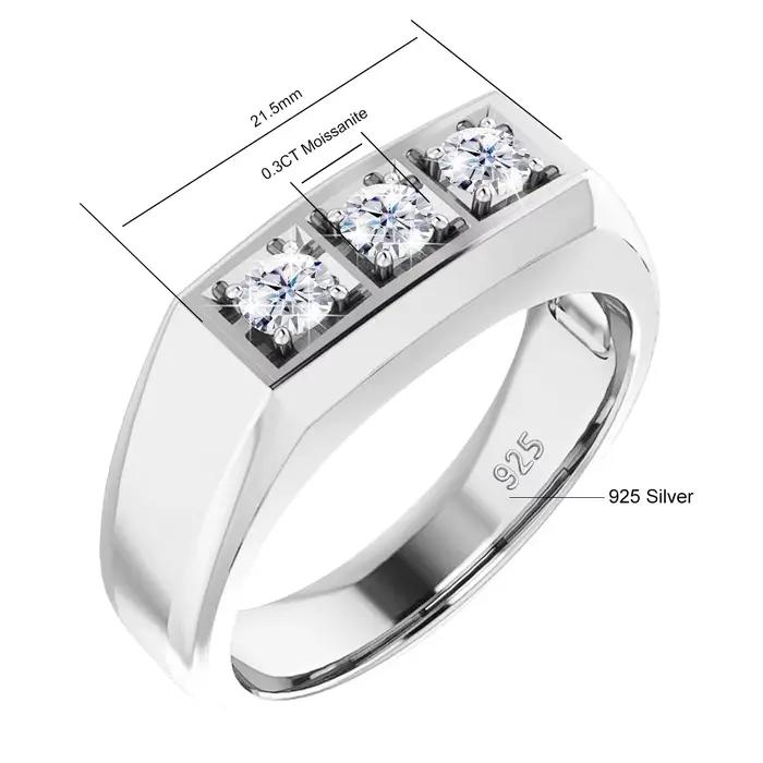 Bague Moissanite lourde à 3 pierres pour hommes et femmes
