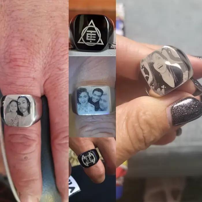 Bague personnalisée gravée avec nom et photo pour hommes