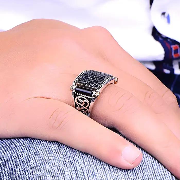Bague rétro en pierre de marcassite noire de haute qualité pour hommes et femmes