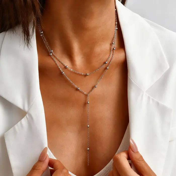 Collier pendentif goutte à longue chaîne en forme de Y Double couche, chaîne perlée en acier inoxydable plaqué or, ras du cou, bijoux à la mode, cadeaux