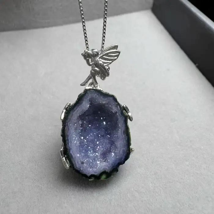Pendentif Collier Géode Mignonne en Argent 925 avec Agate Naturelle du Mexique, Cristal de Guérison,