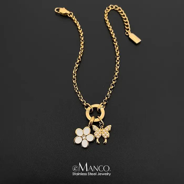 EManco Bracelet en acier inoxydable Style minimaliste perle papillon breloque O-chaîne bijoux pour les déplacements quotidiens bureau Chic