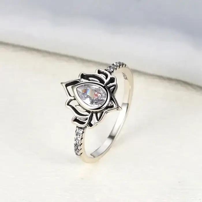 YILUOCD 925 en argent Sterling Vintage Lotus anneaux pour femmes Simple fleur coloré CZ réglable ann