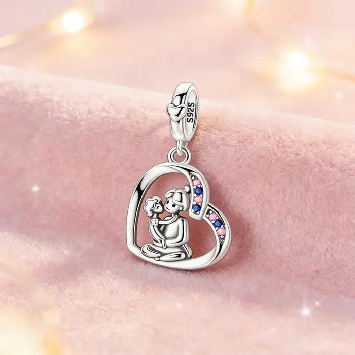 Breloque Cœur Mère et Enfant en Argent Sterling 925 avec Pierres CZ Roses et Bleues