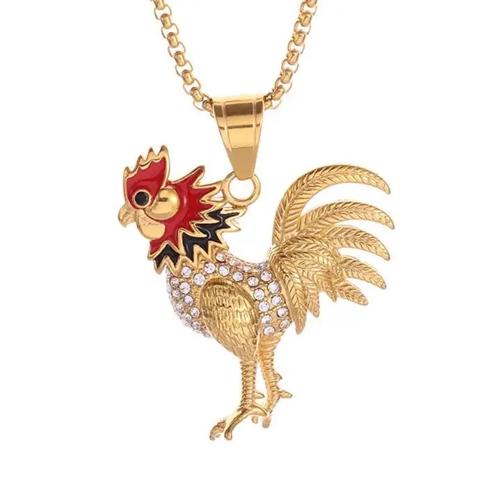 Hip-Hop Cool zodiaque Animal grand coq pendentif collier incrusté de cristal Zircon hommes et femmes noël anniversaire bijoux cadeau