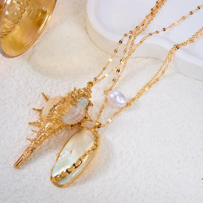 Collier Statement à 3 couches avec breloque en imitation perle coquillage conque pour femme