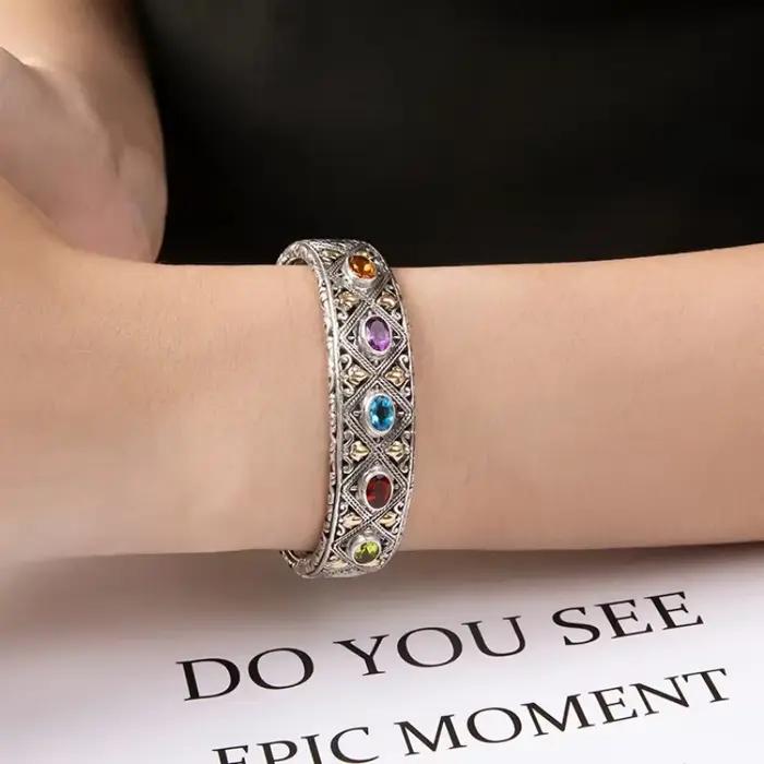 Bracelet de luxe en argent 925 incrusté de pierres précieuses colorées